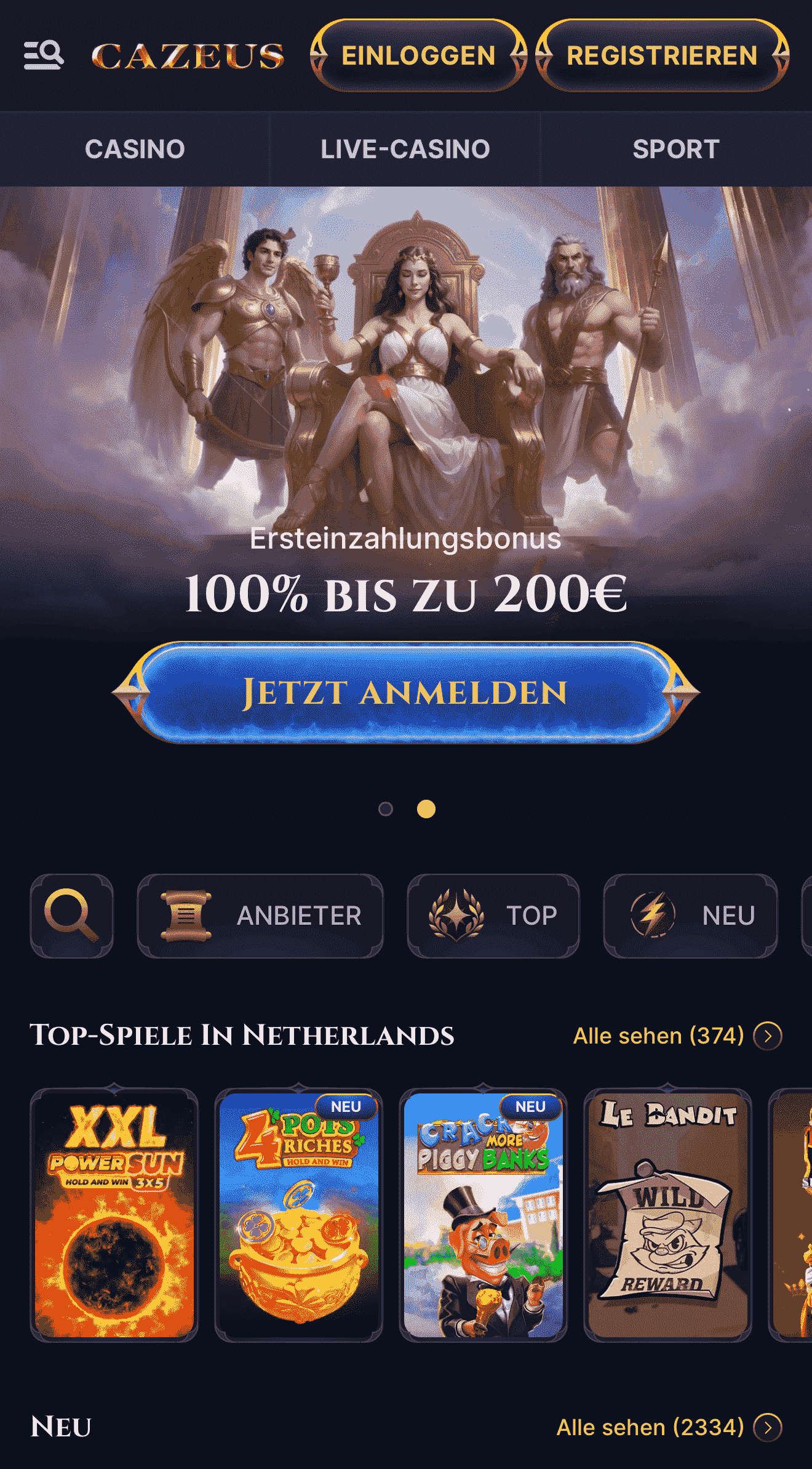 Adaptierte Webseite für alle Geräte Cazeus Casino